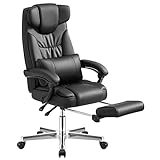 SONGMICS Erstellt, Luxus Bürostuhl mit klappbarer Kopfstütze ausziehbarer Fußablage Extra großer orthopädischer Chefsessel ergonomischer Gaming Stuhl schwarz OBG75B, Lederimitat, 91,4 x 66,4 x 37,4 cm