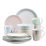 MÄSER 931484 Kitchen Time II Geschirr-Set für 4 Personen, 16-tlg buntes Kombiservice in Pastellfarben mit dezentem Muster, Porzellan