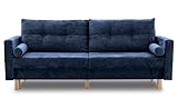 BETTSO -Schlafsofa Sara - Sofa mit Schlaffunktion und Bettkasten, Bettsofa mit Wellenfeder, Schlafcouch mit Holzfüße, Couch vom Hersteller, Couchgarnitur, Velours-MATT (Dunkelblau)