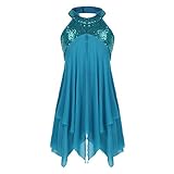 Agoky Kinder Mädchen Halter Kleider Pailletten Ballettkleid rückenfreies Tanzkleid Latin Tanz Eiskunstlauf Kostüm asymmetrischer Rock gr.104-164 Türkis 122-128