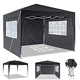 Hikole 3x3m Pavillon Faltbar Partyzelt Faltpavillon Wasserdicht Gartenpavillon Popup Pavillon mit 4 Seitenteilen für Garten, Terrasse, Party, Markt, schwarz#