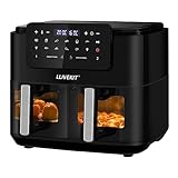 LLIVEKIT Heißluftfritteuse mit 2 Schubladen, Heissluftfriteuse ohne Öl 9 L XXL, Air Fryer mit LED-Touchscreen, Sichtfenster, 9 Programme, Match Cook & Smart Finish Funktion, 2400 W, Schwarz