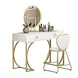 Massivholz Make-up-Tisch-Set Spiegel gepolsterter Hocker Schminktisch mit 2 Schubladen Schminktisch und Hocker (Farbe: Weiß, Größe: 80 x 40 x 75 cm)
