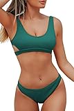 CUPSHE Damen Bikini Set U Ausschnitt Rückenfrei Bandeau Bikini Gerippte Bademode Cut-Out Zweiteiliger Badeanzug Blaugrün L