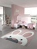 Kinderteppich Spielteppich Teppich Kinderzimmer Babyteppich Hase in Rosa Weiss Grau Größe 120x170 cm