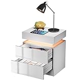 Rcynview Nachttisch Led, Weiß Hochglanz Nachttische Holz Nachtschrank mit Schubladen und 16 Farben Beleuchtung, Flip-Top-nachttisch, Nachtkästchen Geeignet für Schlafzimmer Wohnzimmer (45x35x52cm)
