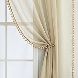 MIULEE Gardinen mit Pompons-Hübsche Beige Transparent Gardinen für Kinderzimmer Mädchen, 2 Stücke Vorhang mit Pompons mit Stangendurchzug Durchsichtig Vorhang mit Bommeln, Jeder H 245 X B 140cm