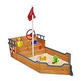 Relaxdays Sandkasten Schiff, Piraten Sandkiste, Sitzbank, Garten, HBT: 176x200x95 cm, Buddelkasten Kinder, Holz, bunt 10038632