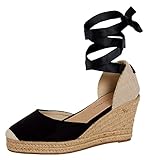 Lora Dora Damen Espadrilles Keilsandalen Damen Riemchen Sackleinen Wedges Sommerschuhe Knöchelbinden Beinriemen, Schwarz , 40 EU