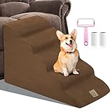 5-stufige Hundetreppe, extra große Haustiertreppe für Hochbett-Tierrampe mit waschbarem Plüschbezug & hochdichtem Schaumstoff für kleine Hunde und Katzen, Send Sticky Lint Roller Set, Hellbraun