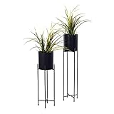 Spetebo Metall Blumentopfständer 2er Set - Ständer mit schwarzen Töpfen - 74 und 58 cm - Blumentopfhalter mit Topf - Planzenständer rund