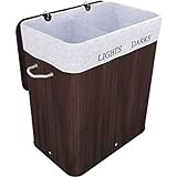 TOSANEO 100 Liter Bambus Wäschebox Faltbarer Wäschekorb mit 2 Fächern Wäschesammler mit Deckel Wäschetruhe mit großem Fassungsvermögen Braun