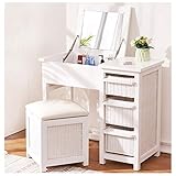 TOPOU Schminktisch Moderner Schminktisch mit Aufklappbarem Spiegel Frisiertisch mit Massivholzbeinen Abnehmbarem Organizer Hocker und 3 Schublade für Schlafzimmer Garderobe Weiß (Color : White)