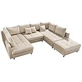 riess-ambiente.de Moderne XXL Wohnlandschaft Kent 305cm Champagner beige Samt inkl. Hocker und Kissen
