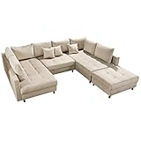 riess-ambiente.de Moderne XXL Wohnlandschaft Kent 305cm Champagner beige Samt inkl. Hocker und Kissen