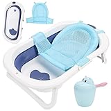 Ikodm 3 in 1 Baby badewanne mit Thermometer | Badematte | Baby-Haarwaschbecher , Ergonomische Babybadewanne Faltbar, Platzsparend, für Neugeborene Kleinkind ab 0-3 Jahre (Blau)