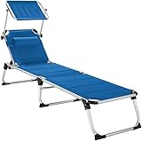 TecTake 800813 Alu Sonnenliege mit Dach und Kopfkissen, gepolsterte Liegefläche, klappbar, Gartenliege mit 6-Fach Verstellbarer Rückenlehne und Zwei Tragegriffen (Blau | Nr. 403647)