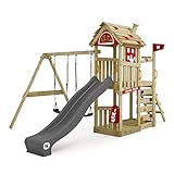 Wickey Spielturm Klettergerüst FarmFlyer mit Schaukel, roter Plane & anthraziter Rutsche, Outdoor Kinder Kletterturm mit Sandkasten, Leiter & Spiel-Zubehör für den Garten