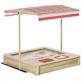 Outsunny Sandkasten Sandkiste Holz Bodenloses Design mit absenkbarem und schwenkbarem Dach Kurbeldach 2 Kunststoffeinsätzen für 3-8 Jahre Kinder Natur 118 x 118 x 118 cm