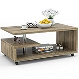 COSTWAY 3 Ebenen Couchtisch aus Holz, auf Rollen, Beistelltisch modern 105 x 60 x 46 cm (Braun)