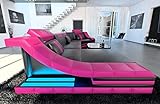Couch Wohnlandschaft Turino C Form Sofa - mit LED Beleuchtung, verstellbare Kopfstützen, Recamiere/Lederfarben wählbar/Ausrichtung wählbar (Ottomane Links, Schwarz-Pink)