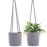 Graue Baumwolle und Leinen hängende Korb Blumentopf Hängende Anlage Aufbewahrungsstroh gewebt Korb Rattankorb mit Griff (Color : Grey, Size : 14x13x71cm)