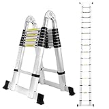 Gimisgu Aluminium Teleskopleiter 3,8m(1.9m+1.9m) Klappleiter A Typ Ausziehleiter Alu Leiter Tragbare Leiter Mehrzweckleiter 150kg Belastbarkeit Silber