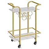 HOOBRO Servierwagen Gold, Barwagen mit Weinregal, 2-stöckiger Küchenwagen mit Universalrollen, Weinregal mit Handhaben für Wohnzimmer, Küche, Esszimmer, Bar, Gold und Weiß EDW56TC01