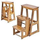 GIANTEX Leiterstuhl Holz 3 Stufen, Trittleiter Tritthocker klappbar Trittstuhl, Hocker Leiter Holzleiter Holz Tritt klappbar, Klapptreppe Haushaltstritt klein, Klappstufen Kiefernholz (Walnuss)