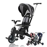 FableKids Dreirad 7in1 Kinderdreirad Kinder Lenkstange Fahrrad Baby Kinderwagen | Elternlenkung |Verdeck | ab 18 Monaten | 360° Sitz | Grau