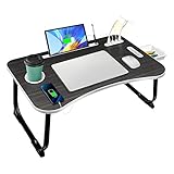 AirOpen Laptoptisch fürs Bett, Betttisch Klappbar mit 4 USB Ladeanschluss, Schublade, Tablet Ständer, Getränkehalter, Tragegriff, Laptop Tisch für Bett, Sofa, Couch, Boden (60 x 40 cm, Schwarz)