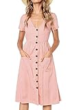 Damen Kleid Sommer Kurzarm V-Ausschnitt Tasten Dekoration Midi Kleider Elegant A-Linie Freizeitkleider mit Taschen Size S = EU 34-36