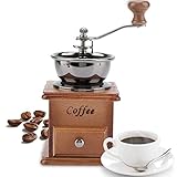 Retoo Kaffeemühle, Braun Retro Manuelle Kaffeemühle auf Holz mit Handkurbel, Tragbar, Kaffee Mühle im Antik Design, Espressomühle für Kaffee Bohnen, Edelstahl