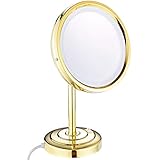 FIDEMM Tisch-Make-up-Spiegel mit Licht und Vergrößerung, 20,3 cm, Messing, LED-beleuchtete Arbeitsspiegel, Stand-Kosmetikspiegel mit Schalter und Stecker, Chrom, 7-Fach (Color : Gold, Size : 3X)
