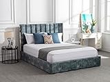 Vente-unique Bett 160 x 200 cm - Kopfteil mit Ziernähten - Samt - Blau + Matratze - FEROYA