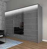 WFL GROUP Moderner Kleiderschrank mit LED Beleuchtung und Spiegel 200 250 cm - Schwebetürenschrank mit Hochglanz - 250 cm - Grau