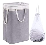 Wäschekorb mit Deckel, hoher Wäschebox mit Bambus Henkel und Innentasche, faltbarer groß XXL Waschekorbsammler, Laundry Baskets für Schlafzimmer Badezimmer