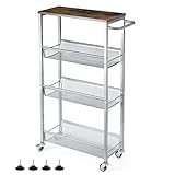 LIANTRAL 4-stöckiger Aufbewahrungswagen, Küchenaufbewahrungswagen, Rolling Kitchen Regal Einheit auf Rädern, mobiler Schlitzwagen mit Holztischplatte für Badezimmer, Wäsche schmale Orte, Silber
