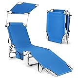 COSTWAY Sonnenliege mit Dach & Seitentasche, klappbarer Liegestuhl mit 5 verstellbaren Rückenlehne, Strandliege Gartenliege für Garten, Pool, Terrasse, 193 x 56 x 32 cm (Blau)
