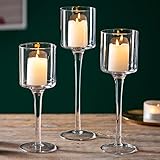 Sziqiqi 3 Stück Teelichthalter Glas - Elegante Kerzenständer Hohe Kerzenhalter Stumpenkerzen Windlichter Tischdekoration für Hochzeit Esstisch Badezimmer Geburtstag Party Deko