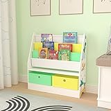 [en.casa] Kinderregal Neda Dinosaurier-Motiv 74 x 71 x 23 cm Bücherregal für Kinder Regal 3X Ablagefach 2X Boxen faltbar Kinderzimmerregal Weiß/Grün/Gelb