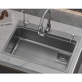 Spüle Küchenspülen Drop Sink – Kitchen Sink Dunkelgrauer Edelstahl Runde Ecke Drop In Topmount Kitchen Sink Basin, Leicht zu reinigen (Size : 68x46cm)
