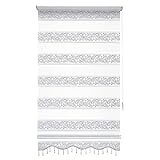 Doppelrollo ohne Bohren Weiß Silber glitzert Duorollo für Fensterrollos Gardinen Zebra Perde 100 x 200 cm Stoffbreite 96 cm Blickdicht Ornament mit Volant Perlen