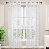 WOLTU VH6053ws-2, 2er Set Gardinen transparent Blumen Stickerei mit Ösen Leinen Optik, Doppelpack Ösenschal Vorhang Voile Fensterschal Dekoschal für Wohnzimmer Schlafzimmer, 140x225 cm, Weiß