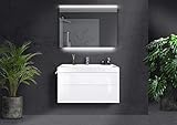 Intarbad ~ Badmöbel Bella grifflos 100 cm Evermite Waschtisch, mit Unterschrank und LED Lichtspiegel Shorewood IB1818