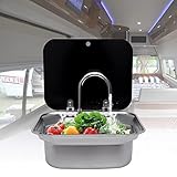RV Caravan oder Boot Edelstahl Handwaschbecken Waschbecken mit gefaltetem Wasserhahn gehärtetem Glas Deckel van Camper Trailer Zubehör Waschbecken mit Hahn