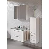 Lomadox Badezimmer Badmöbel Set mit Waschtisch Glaswaschbecken Spiegelschrank Beleuchtung Midischrank in weiß Glanz, B/H/T: ca. 122/200/50 cm