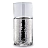 große runde Silberne XL Glas Boden-Windlicht-Säule Edelstahl gehämmert Ø 24 cm Höhe 49 cm - Deko Kerzenhalter & Kerzenständer für große Stumpenkerzen