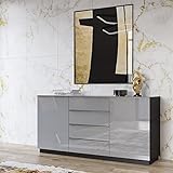 Lomadox Sideboard modern grau mit Glasfronten und Korpus in schwarz, B/H/T: ca. 160/80/48 cm