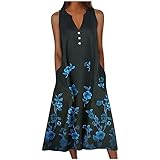 Komiseup Sommerkleid Damen Lang Midiklied Elegant V-Ausschnitt ärmellos Sommerkleider Leicht und Lufte Blumenkleid Frauen Lässig Strandkleid Lose Freizeitkleid